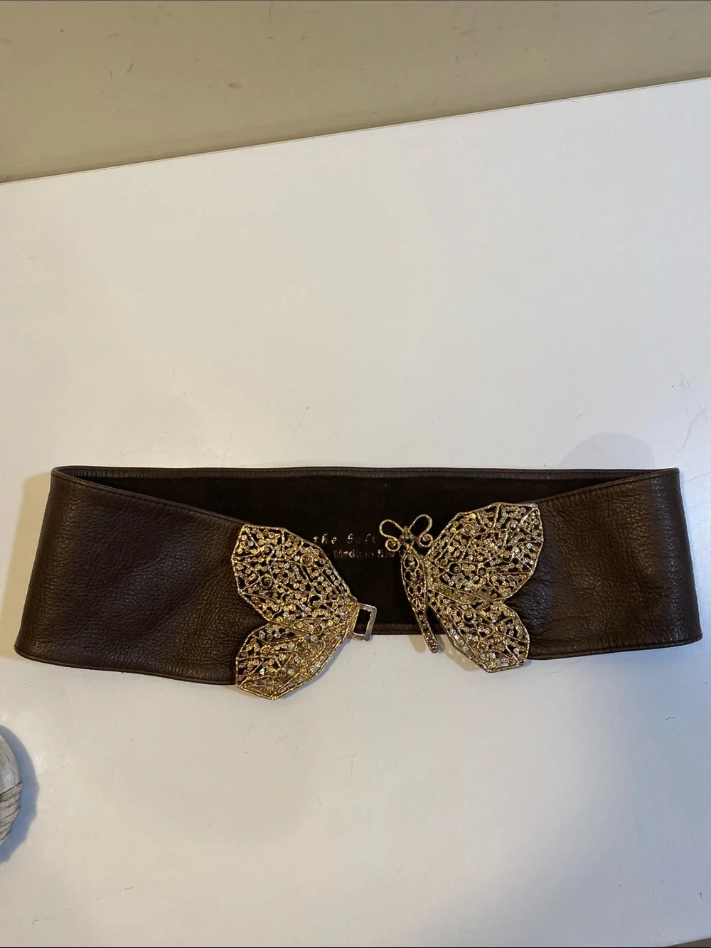 B-Low the Belt Wide Brown Leather Belt with Gold Butterfly Buckle Sz S
